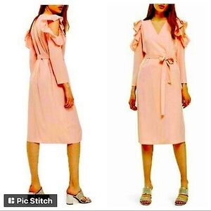 Topshop Ruffle Cutout Shoulder Light Pink Midi Wrap Dress